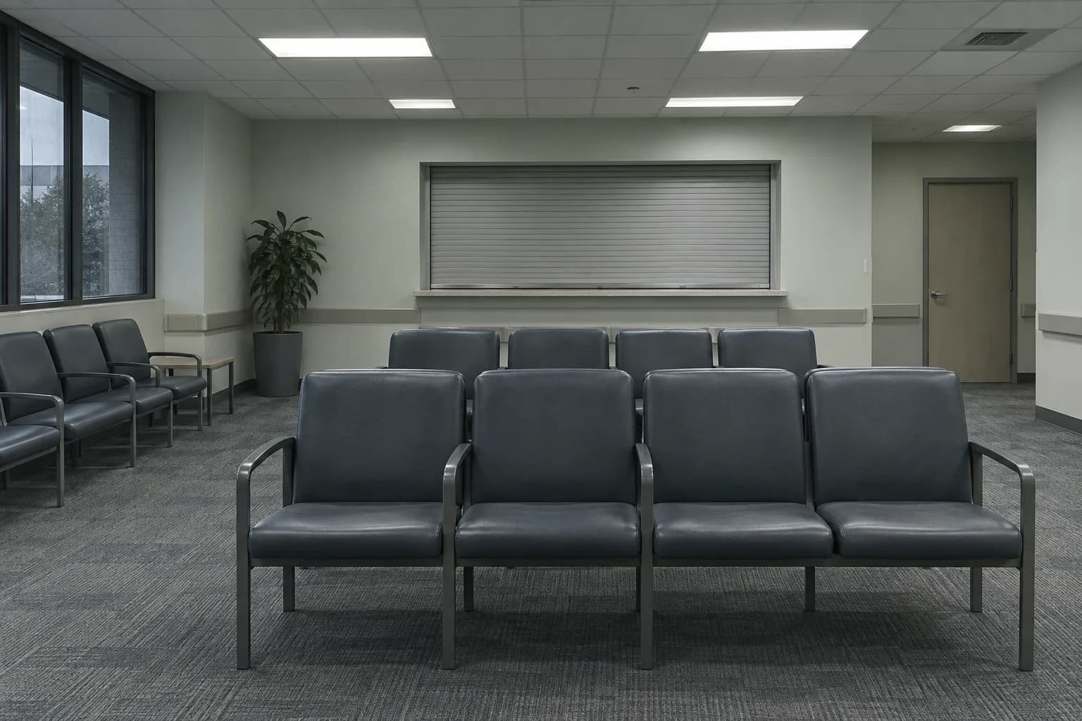 An empty medical waiting room: rows of vinyl chairs under fluorescent light, facing a reception window with the shutter closed.